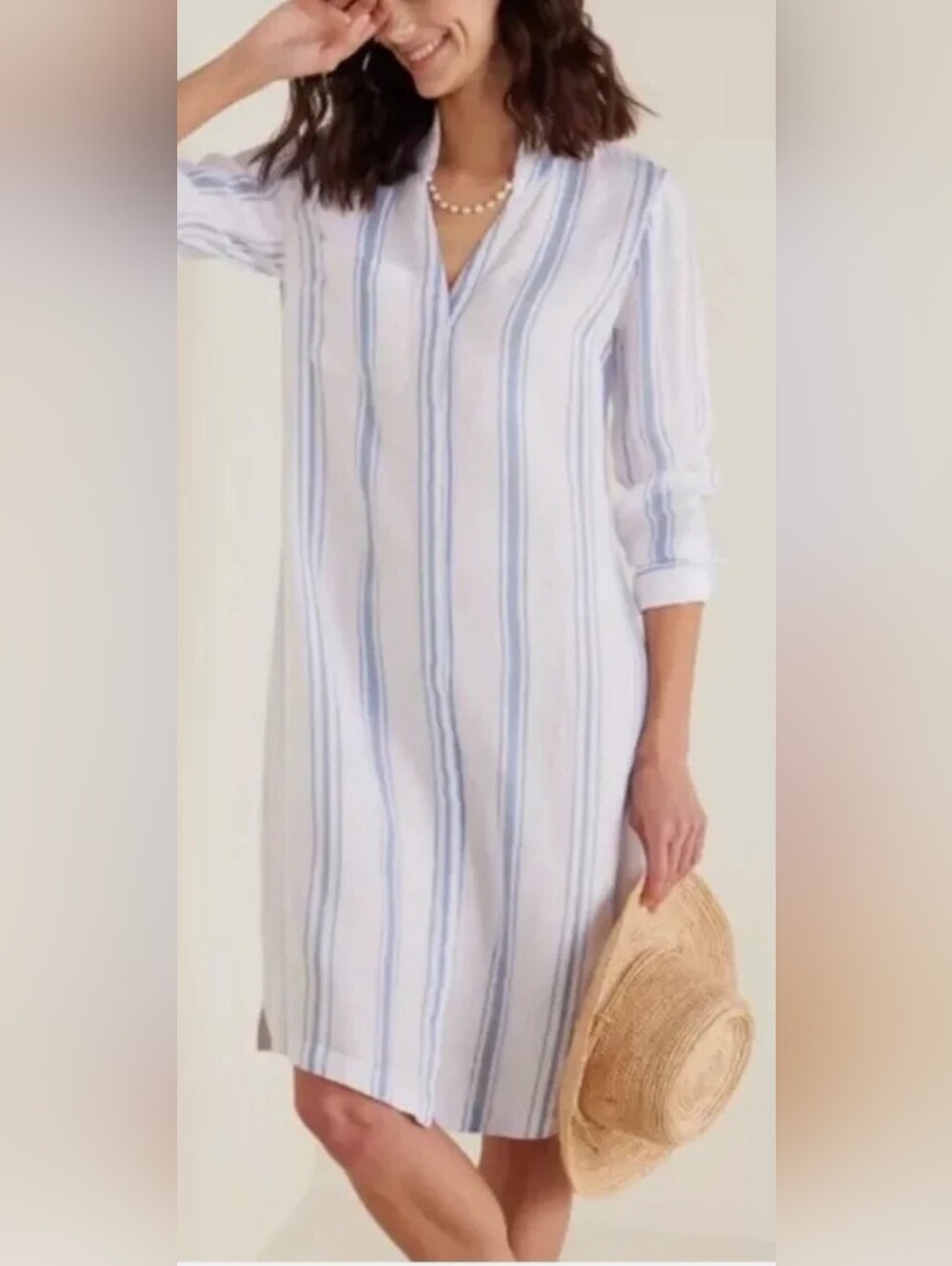 Soft Surroundings Linen Midi Shirt Dress Blue White Stripe XL Capsule Minimalist